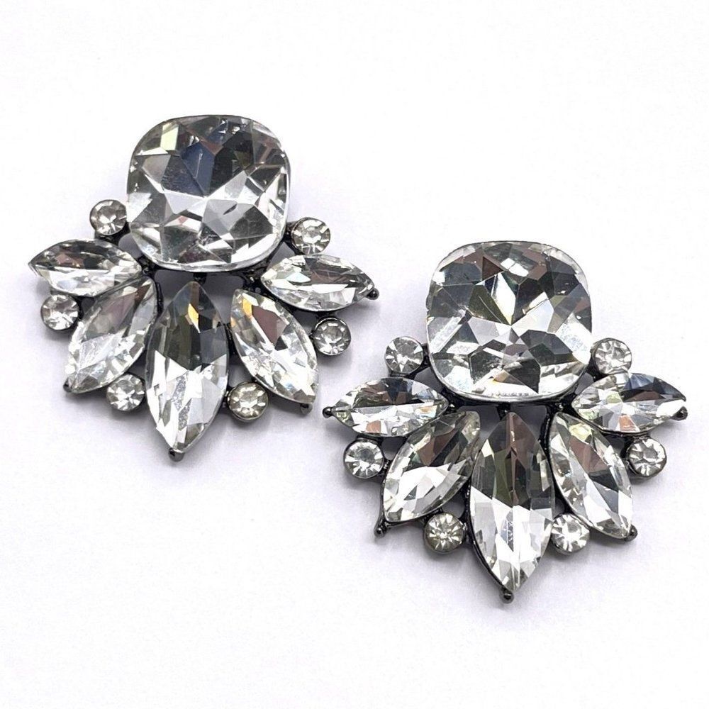 Carbon Black with White Crystal Art Deco Post Back Earrings